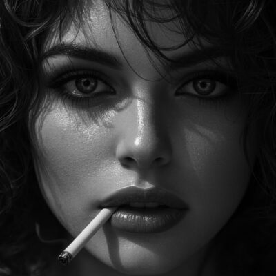 Beautiful female cinematic portrait with curly hair and cigarette dangling from lips